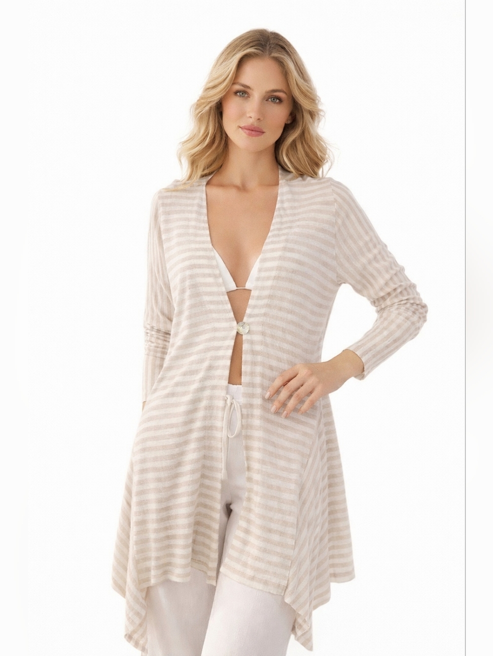 Soft Surroundings Cascadia Linen Cardigan Beige Ivory Striped Lagenlook Size Med